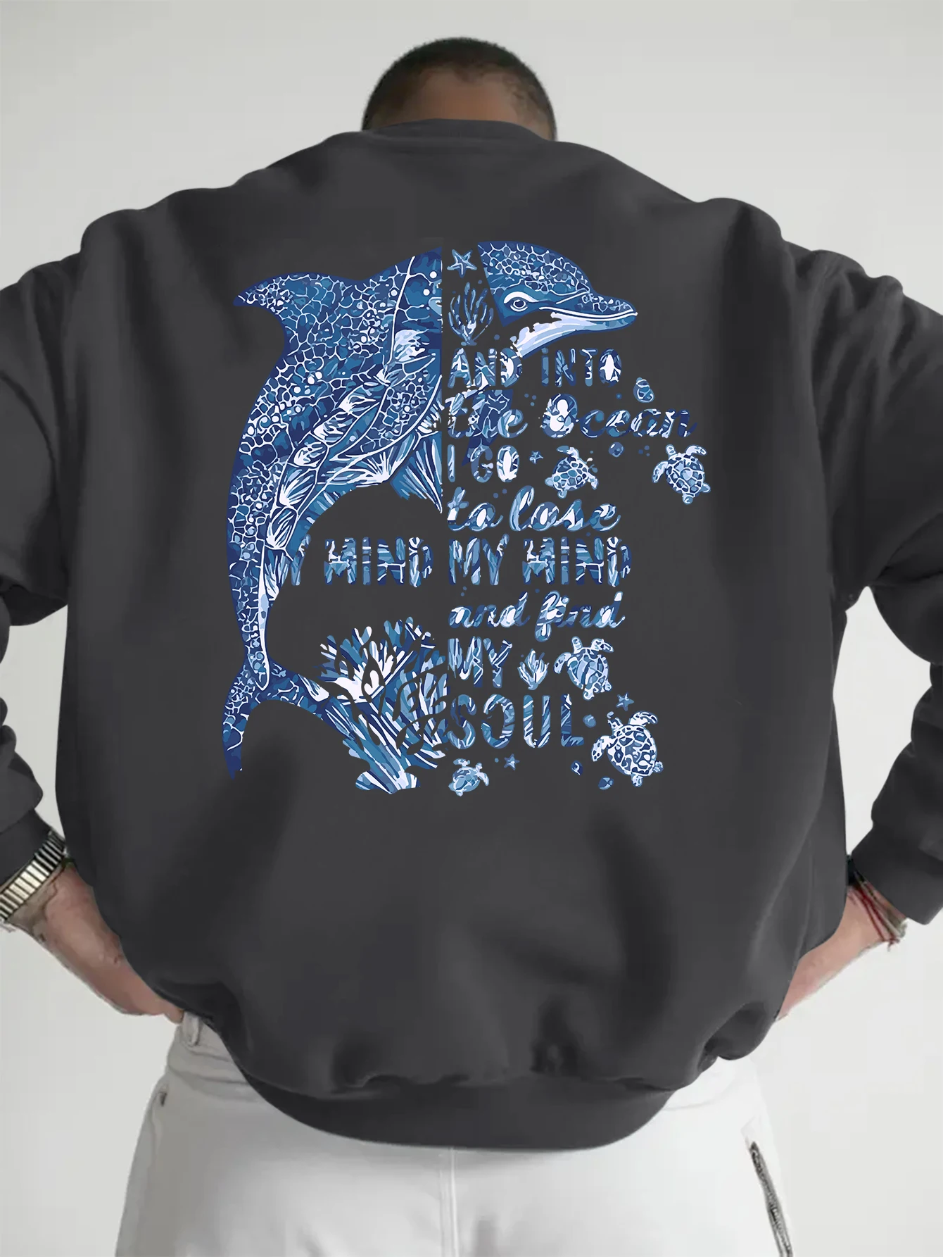 Men Crewneck Sweatshirt Ocean Dolphin Turtle Back Print Pullover Vintage Letter Graphic Casual Long Sleeve Streetwear Top