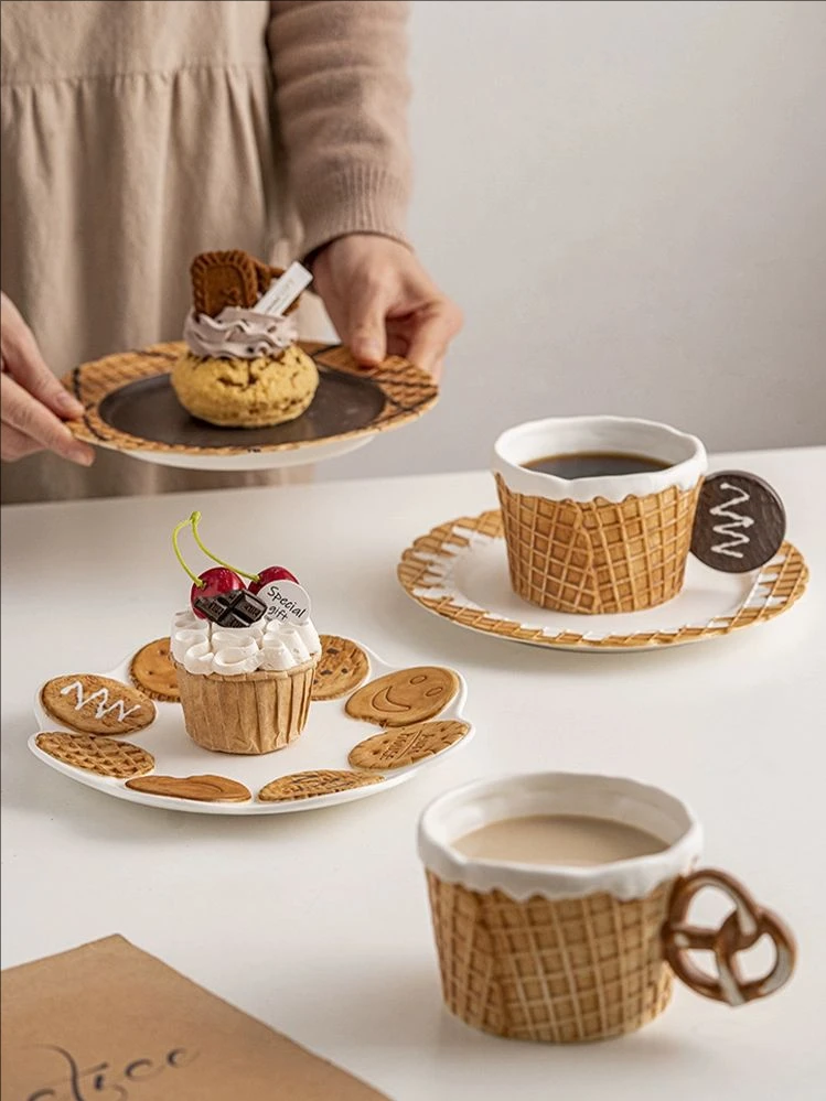 

Creative Cookie Water Cup Cute Ceramic Mug Office Afternoon Tea Coffee Cup Home Breakfast Milk Cup Dessert Plate Drink Set