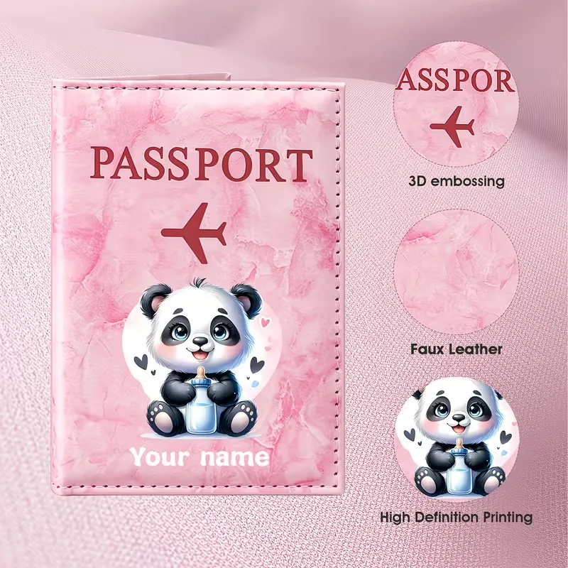 Personalized Name Custom Cute Panda Illustration Design PU Passport Holder, Adorable Panda Holding Heart Pattern Presents