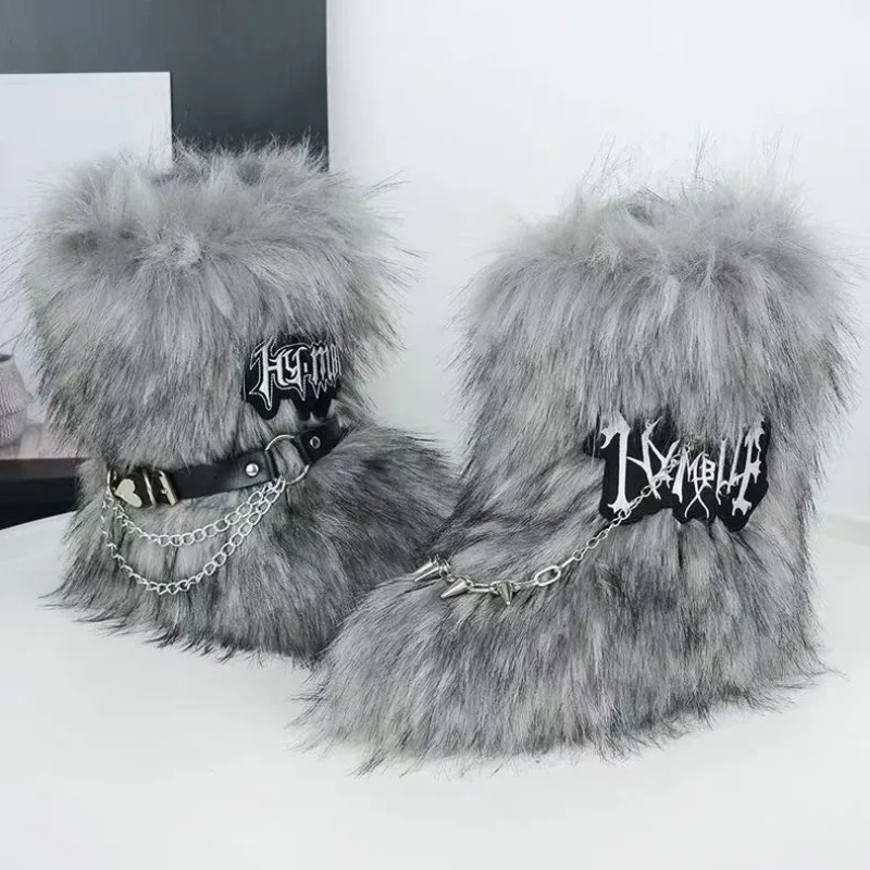 

Women Faux Fur Boots Winter Fluffy Plush Warm Mid Calf Snow Boots Luxury Fashion Furry Boots Comfortable Outdoor Flat Shoes