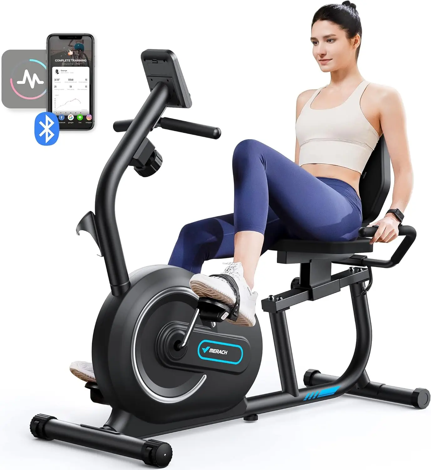 

Recumbent Exercise Bike for Home with Smart Bluetooth and Exclusive App Connectivity, LCD, Heart Rate Handle, Magnetic