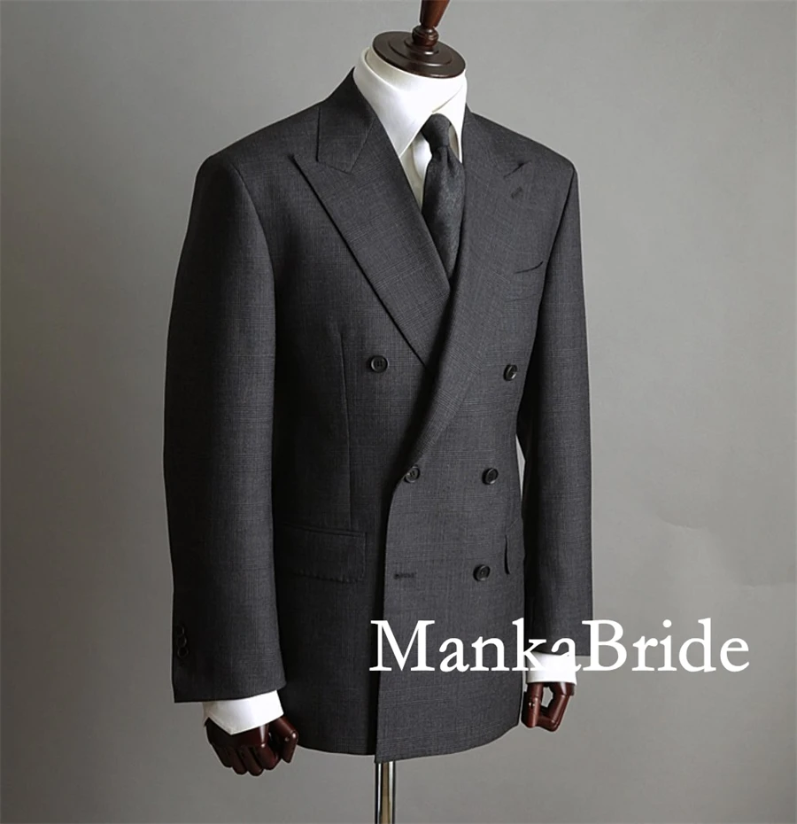 Terno xadrez cinza escuro trespassado masculino, smoking de noivo, calça blazer, traje masculino formal do escritório de negócios, terno de casamento