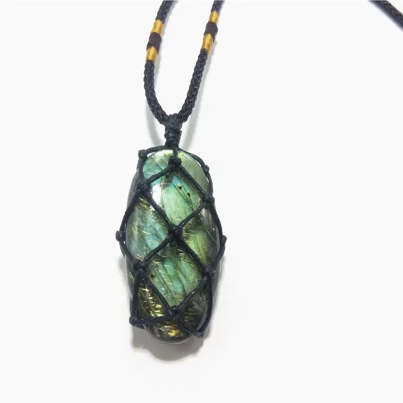 Natural Labradorite Pendant Irregular Shape Stone Wrap Braid Necklace Healing Stone For Men Women Birthday Date Party Gift