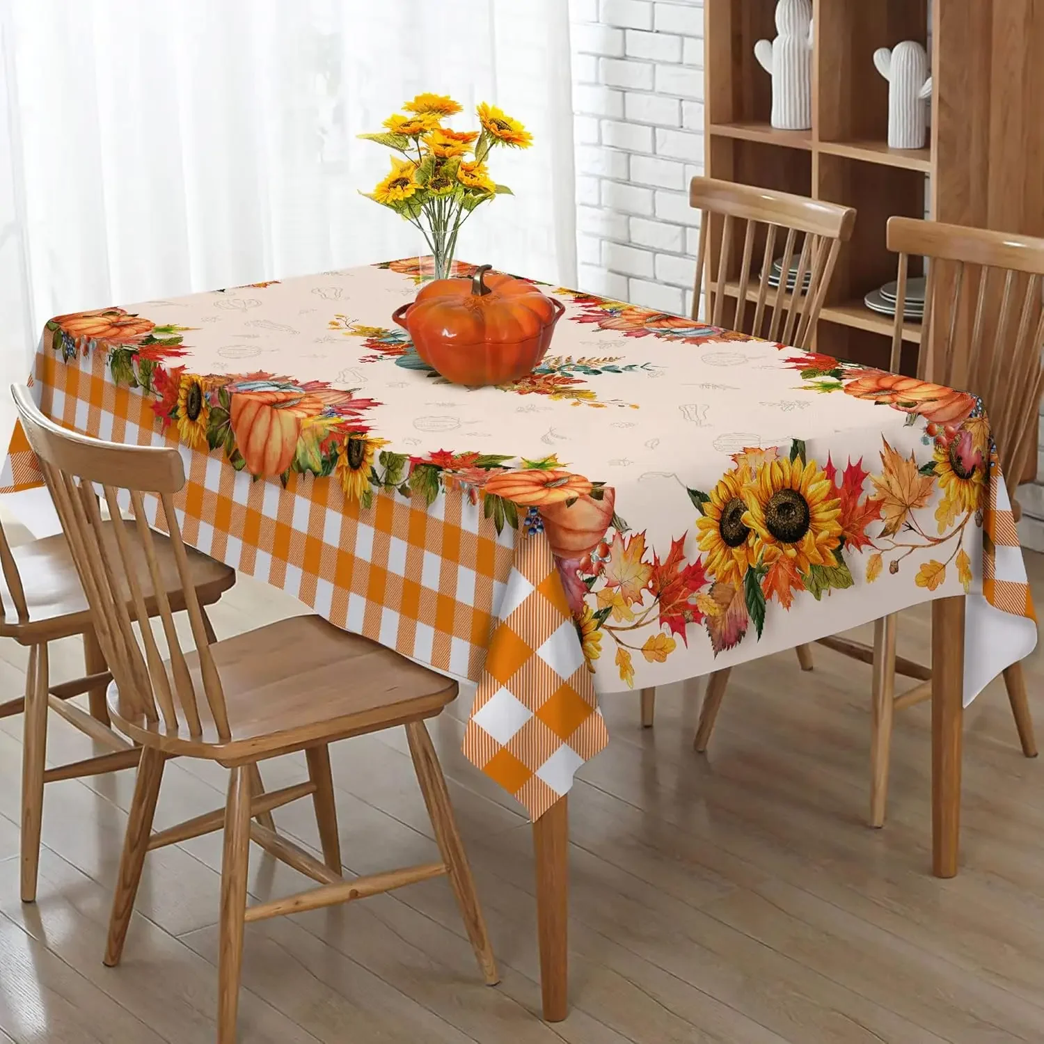 

Autumn Thanksgiving Pumpkins Maple Leaves Tablecloth party decor Fall Sunflowers Buffalo Plaid Table Cloths Kitchen Party Decor