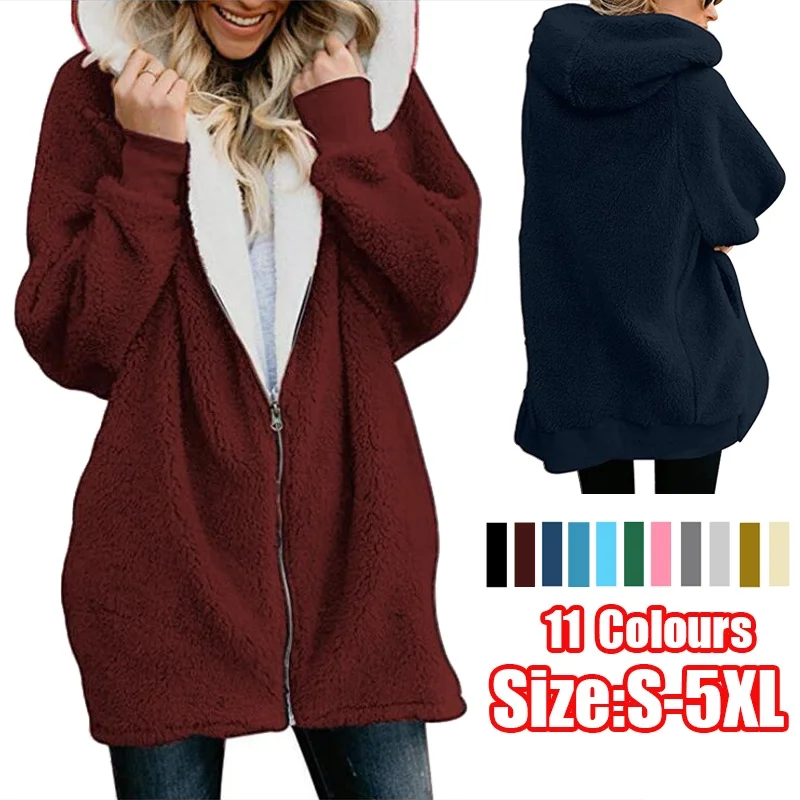 

2023 hot Women Fluffy Long Sleeved Hooded Cardigan Jacket Winter Warm Zipper Fashion Solid Color Coat