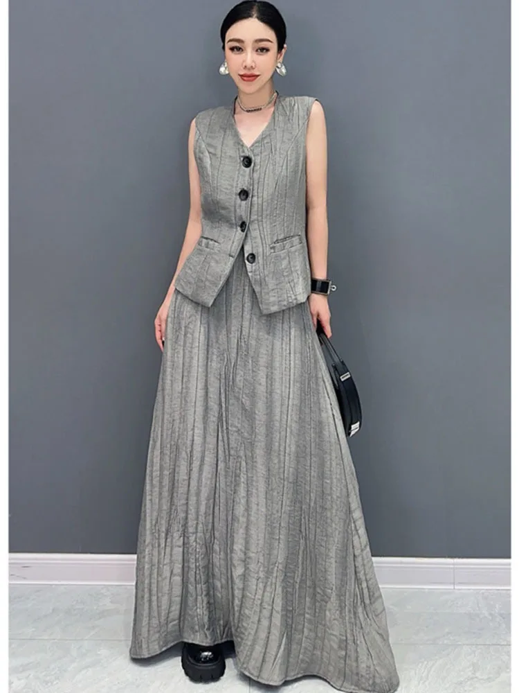 Vefadisa 2025 Summer New Gray Women Dress Sets Sleeveless V-neck Button Top Large hem Long Dress Two-piece Sets HLX222