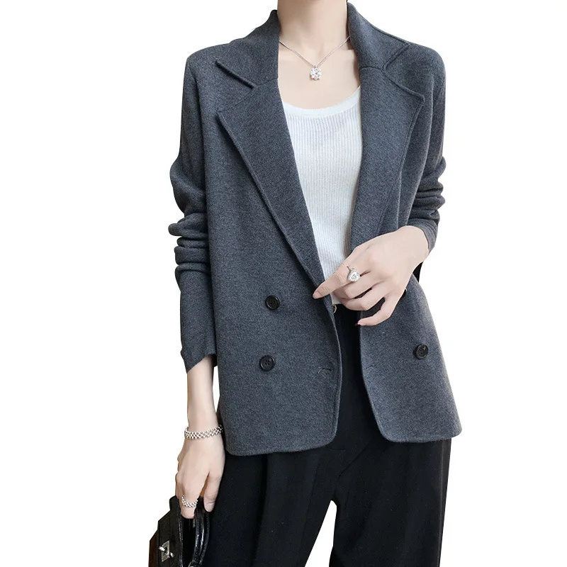 New Autumn And Winter Worsted Wool Cardigan Women\'s Suit Collar Solid Color Double-breasted Jacket Loose Short Knitted Top