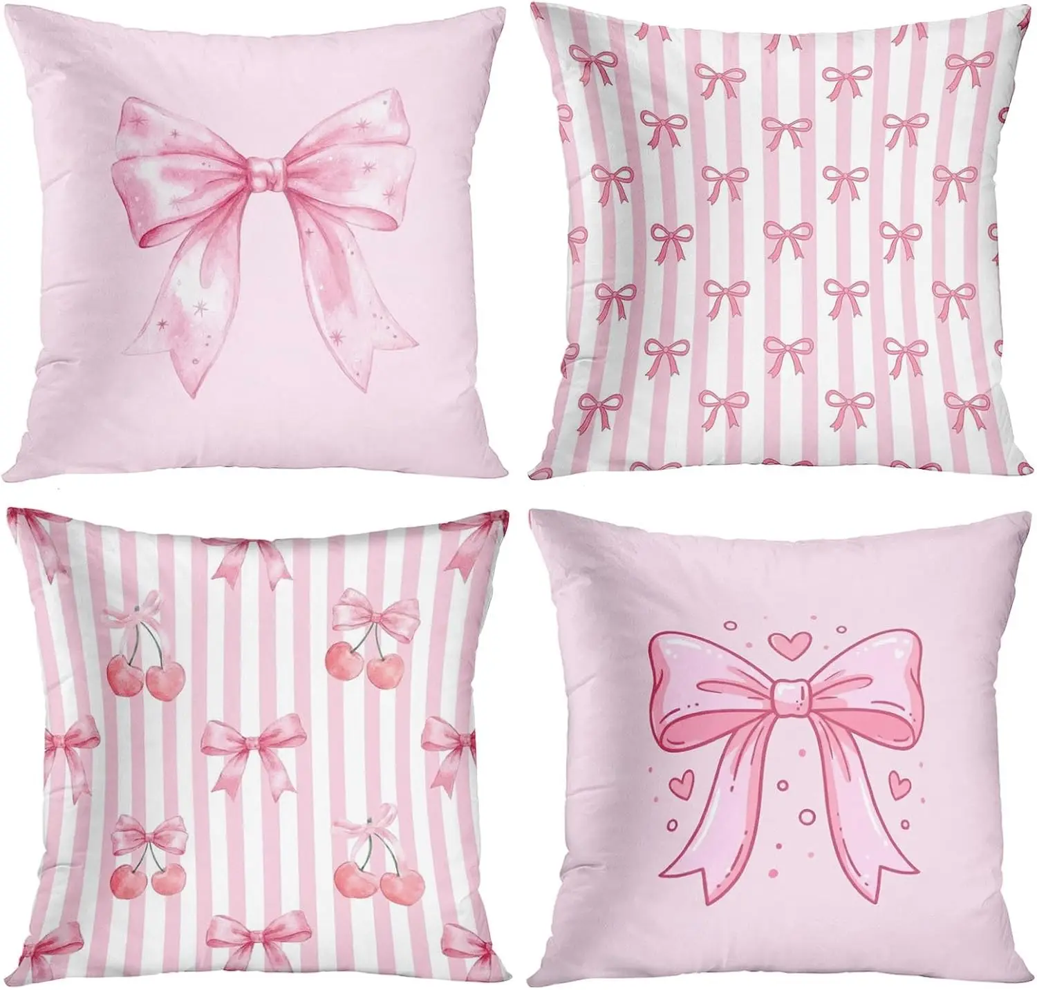 Ultra Cute Pastel Pink Bow Ribbon Throw Pillow Cover Quad Set Cushion Home Decor Aesthetic Nursery Bedding Accent Gift for Girls