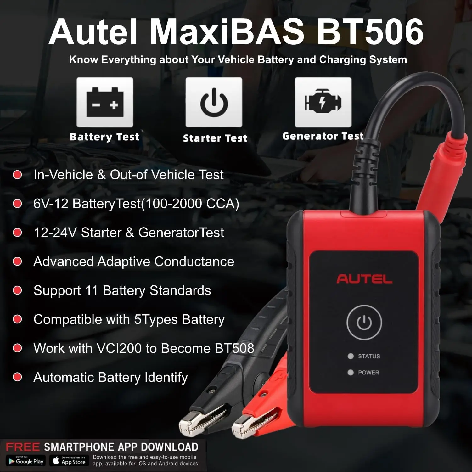 MaxiBAS BT506 Auto Battery & Electrical System Analysis Tool,6V 12V 100-2000 CCA Battery Analyzer,12V 24V Auto Cranking/Charging