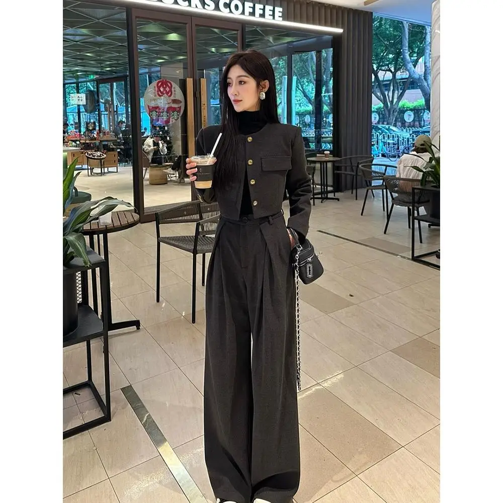 Fashion Women's Set Autumn/Winter Single breasted Slim Fit Short Coat High Waist Wide Leg Pants Two piece Fashion Set