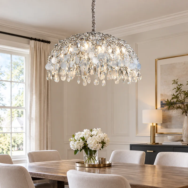 Vintage Luxury Branch Chandelier with K9 Crystal and Blue Shell for Dining Room Villa Foyer French Silver Round Pendant Light