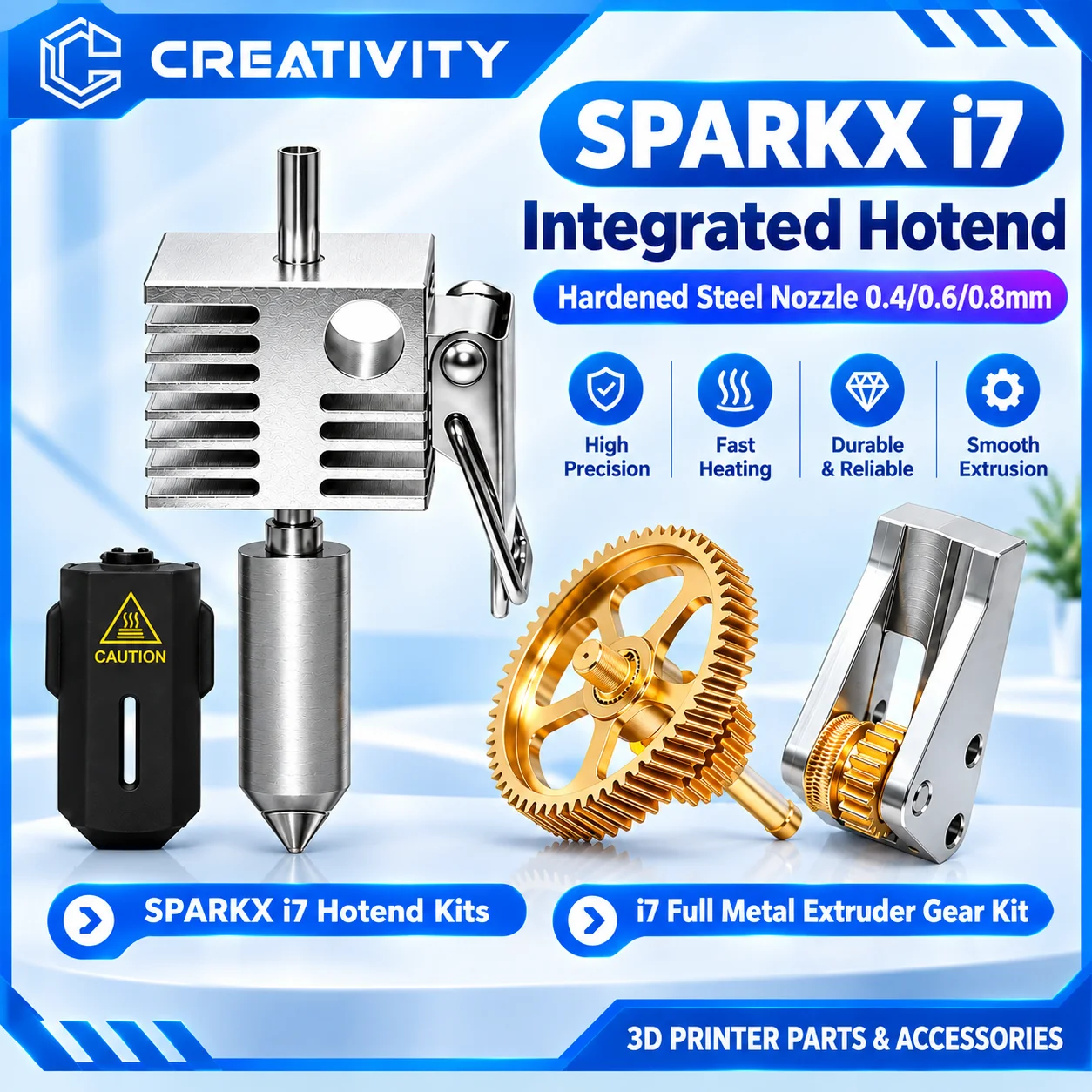 SPARKX i7 3D Printer Parts Integrated Hotend Hardened Steel Nozzle 0.4/0.6/0.8mm All Metal Extruder Gear Kits for I7 Print Head