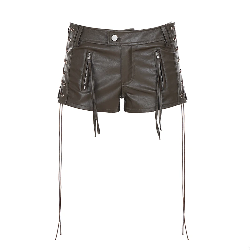 Safari Style Bandage Pu Leather Shorts Sexy Slim Pocket Low-Waisted Shorts Women 2025 Summer Fashion Streetwear Punk Style Lady - Image 4