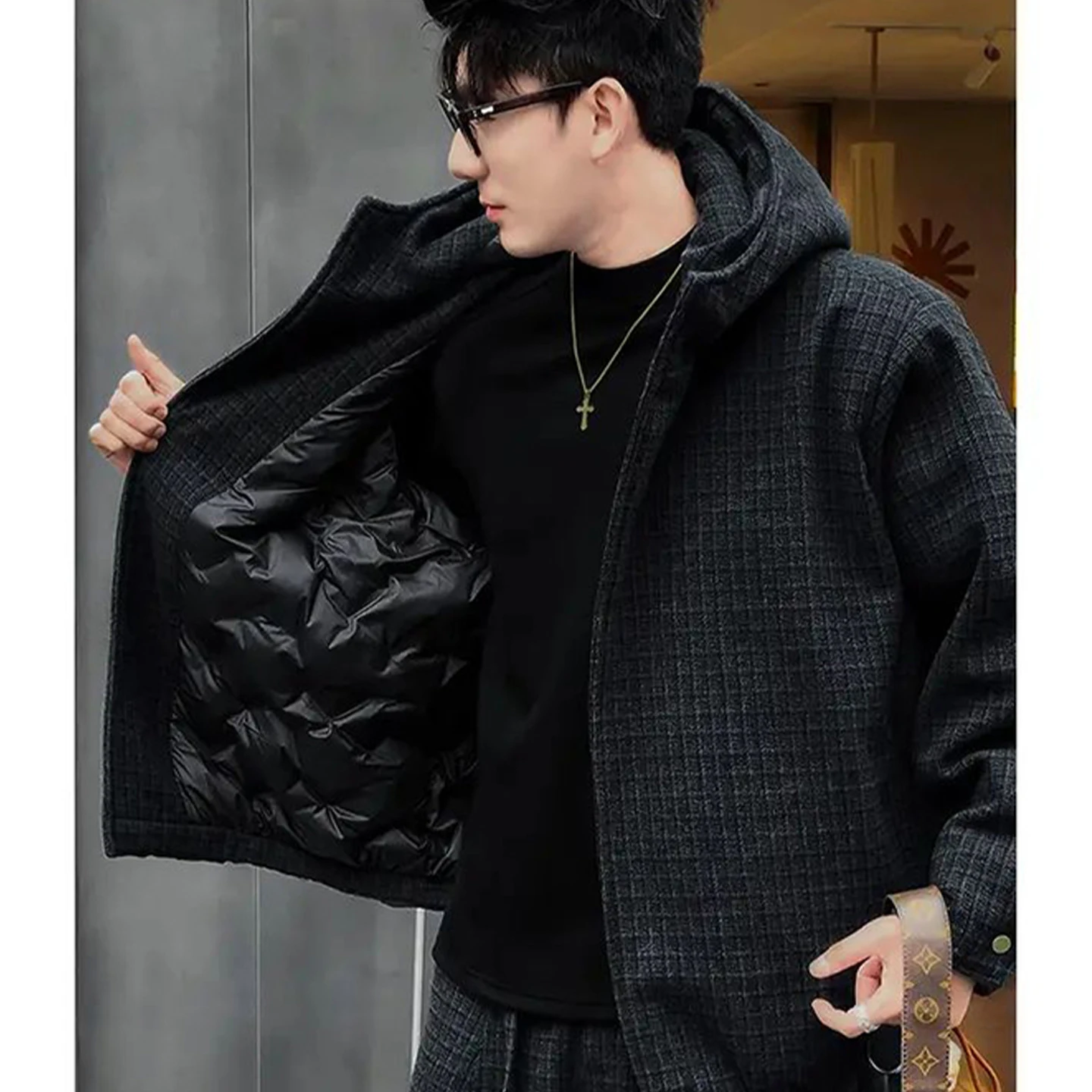 

Стильный мужской комплект из хлопковой куртки и брюк с шапкой, в клетку, осенне-зимний, модный, молодежный, с длинными рукавами.