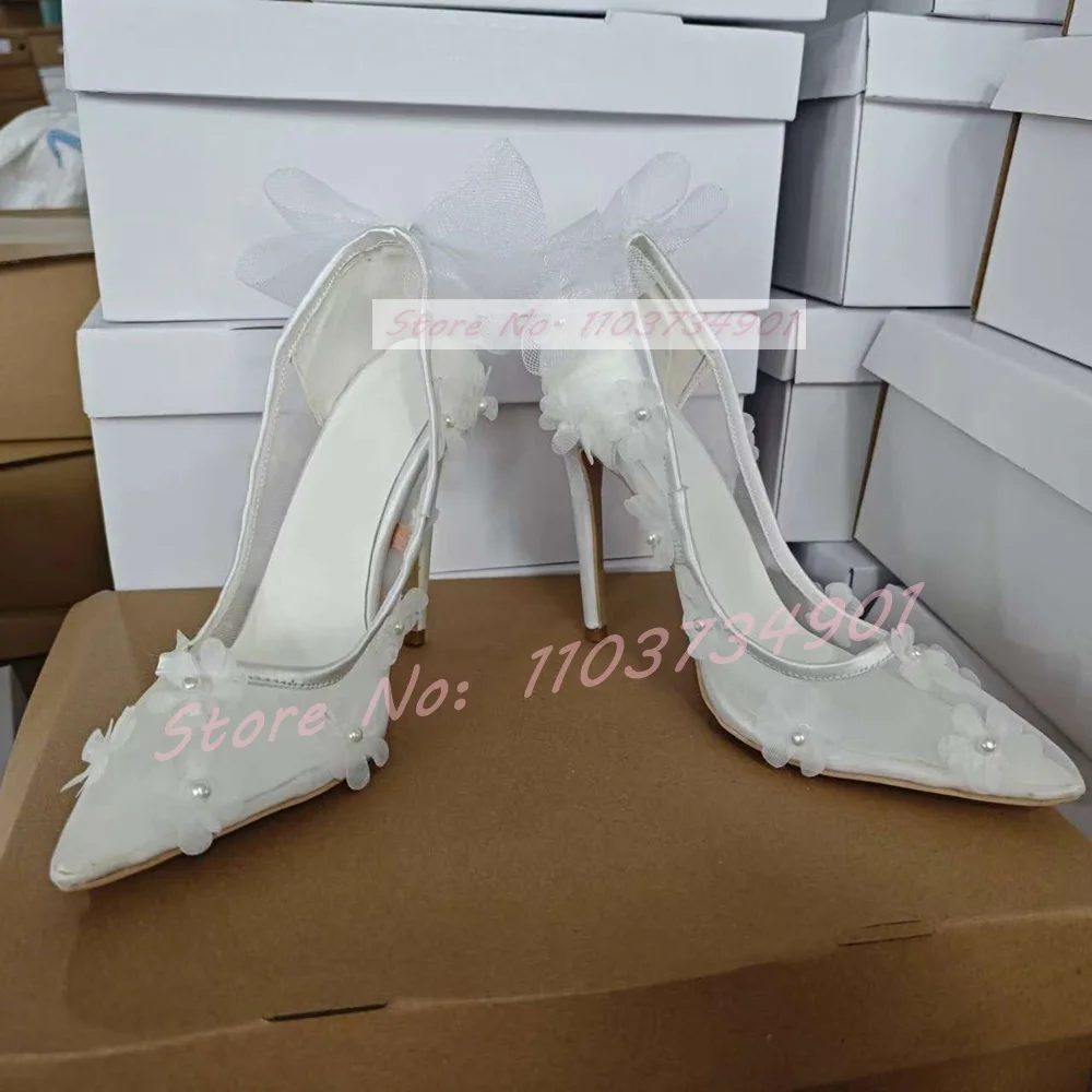 Zapatos de tacón alto de aguja para mujer, calzado elegante con encaje de flores blancas, perlas y lazo, puntiagudos, Sexy, a la moda