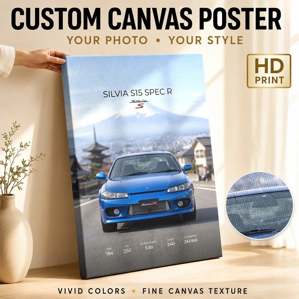 Japanese Silvia S15 Spec R Car Framed Canvas Print Personalized Photo Detailed Roadside Illustration Wall Art For Home Study