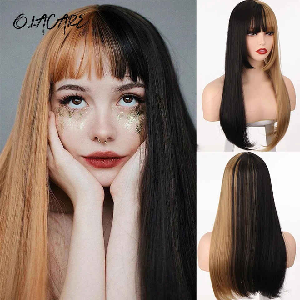 LM Synthetic Long Straight Lolita Wig with Bang Blonde Brown Black Two-Tone Cosplay Party Halloween Christmas Wavy Curly Wig