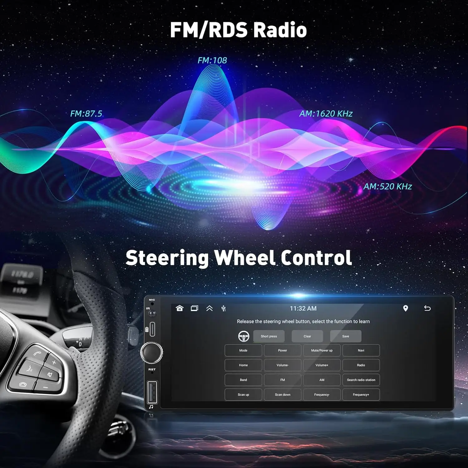 ستيريو سيارة بشاشة لمس 6.86 بوصة مع CarPlay Wireless Android Auto، Bluetooth، FM، USB-C، AUX، TF، EQ، كاميرا احتياطية