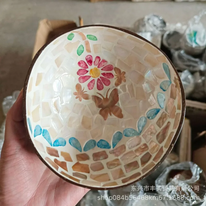 Handcrafted Coconut Shell Bowl with Inlaid Design, Natural Snack Serving Tray forDecor, Eco-Friendly Fruit Salad Dessert Dish