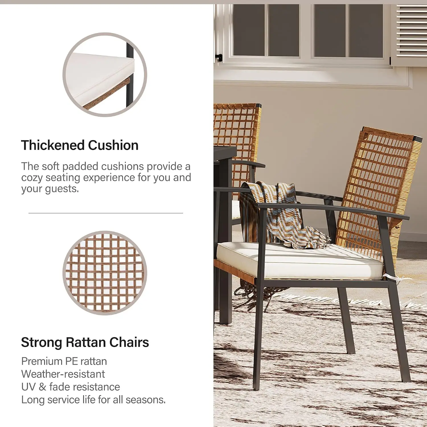 5 Piece Outdoor Wicker Dining Set, 4 Cushioned Chairs & Square Table with Umbrella Hole, Backyard Garden Poolside, Customized