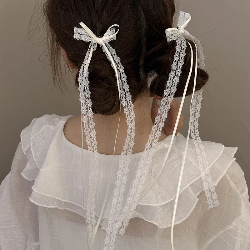

2pcs Korean Lace Bow Hair Clip Trend Long Ribbon Hairpins Barrettes Headband for Women Girl Hair Accessories Wedding Jewelry