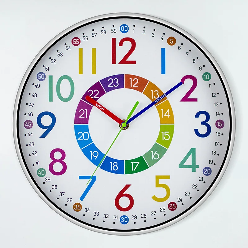 

12 Inch 30cm Colorful Digital Pointer Round Wall Clock Cartoon Living Room Clock Creative Silver Frame Learning Clock Children's