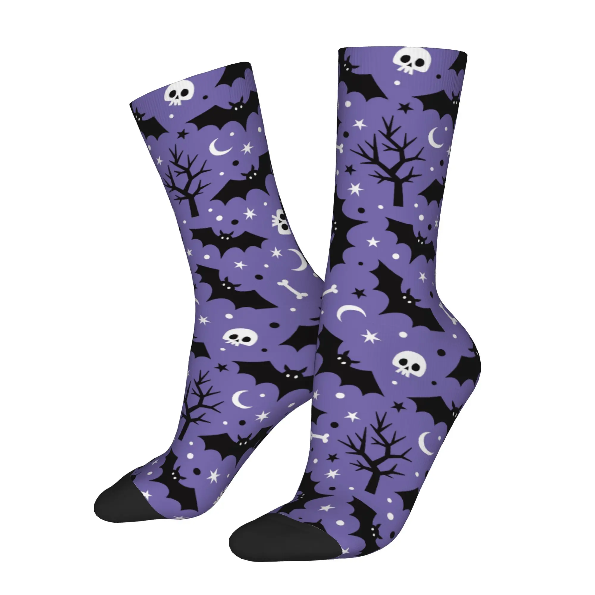 Harajuku Bat Moon Skull Tree Soccer Socks Halloween Party Cartoon Polyester Middle Tube Socks for Unisex Non-slip