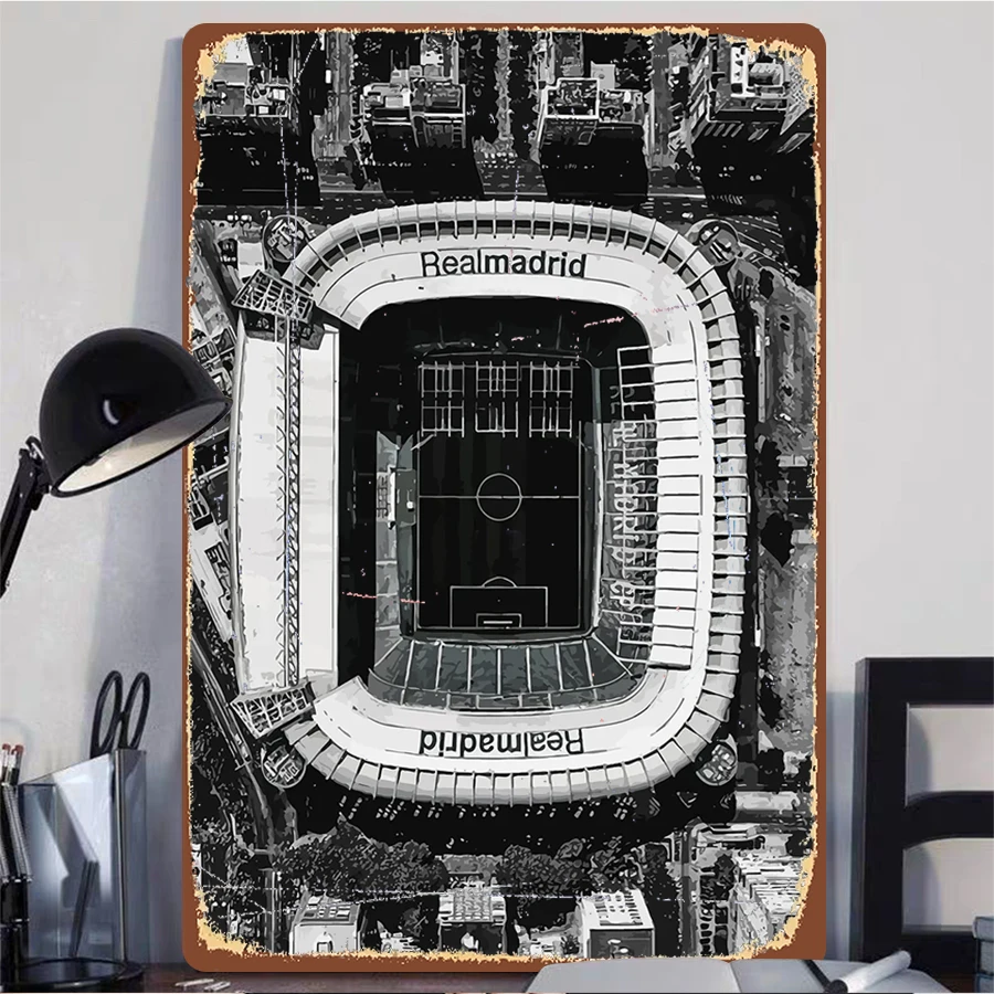 Real Madrid Stadium Aerial View Metal Wall Art Black White Sports Decor Football Fan Collection Souvenir