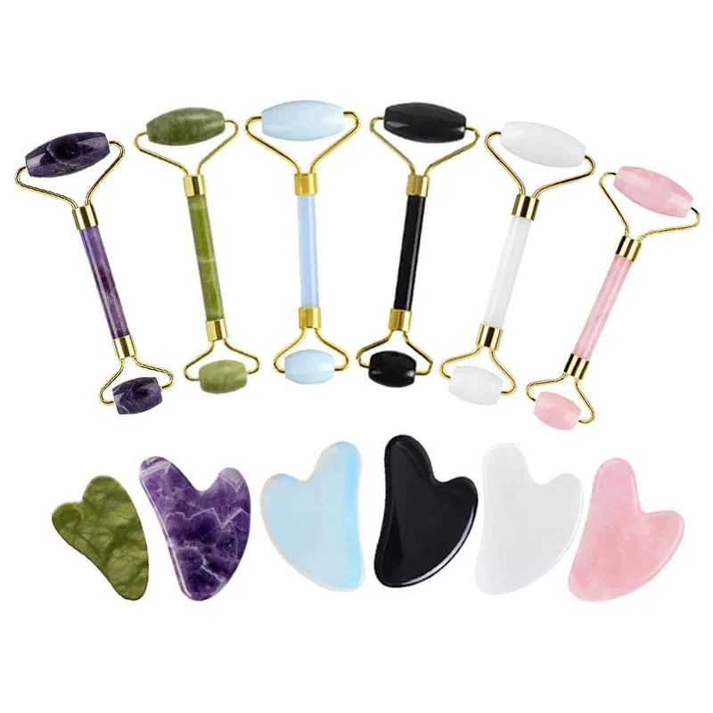 

2pcs Natural Jade Stone Jade Roller Guasha Massager Gouache Scraper For Face Black Obsidian Rose Quartz Gua Sha Board Skin Care