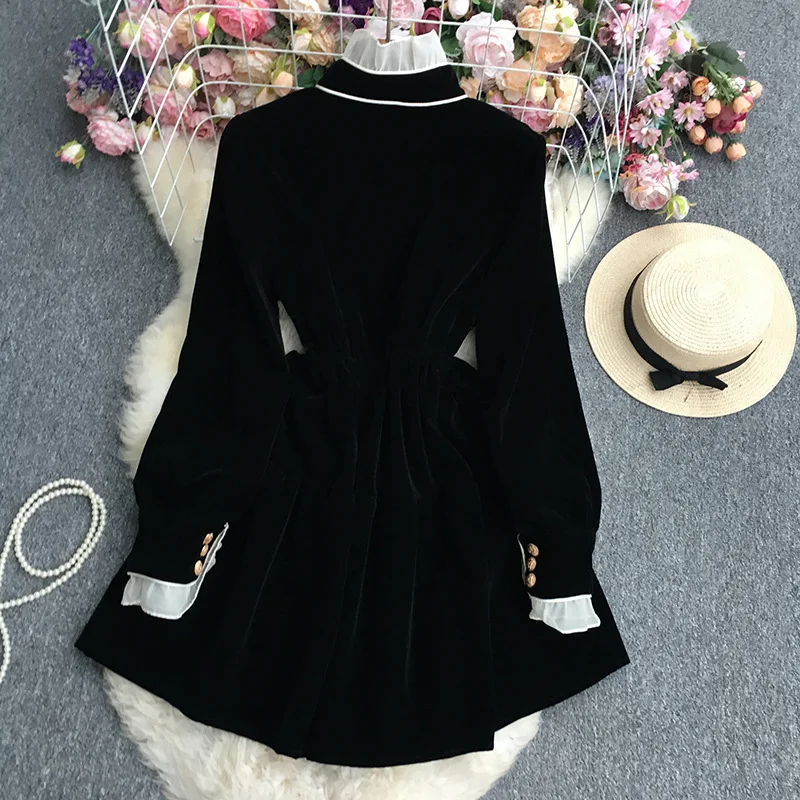 Autumn Winter White Ruffles Neck Black Long Sleeve Short Velvet Dress For Women Golden Button Prom Evening Party Vestidos