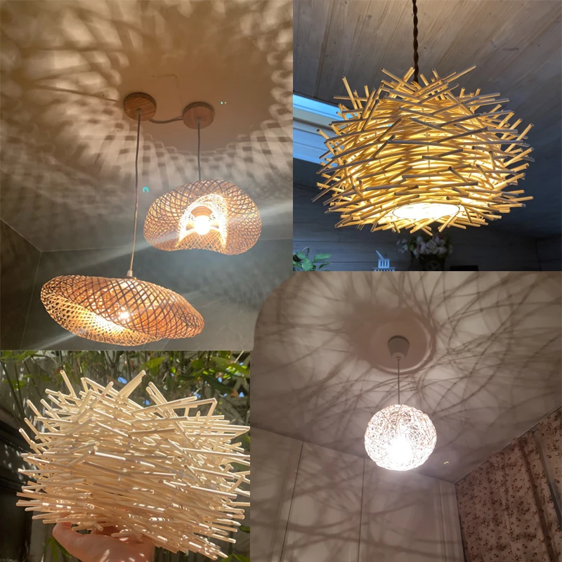 LED Bulb Rattan Wicker Pendant Light Bamboo Wood Ceiling Rustic Lustre Chandelier Hanglamp Hand Craft Home Living Bed Room Decor