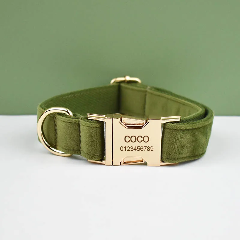 Army Green Velvet Dog Collar And Leash Set For Dogs Custom Engraved Nameplate Pet Supplies Dog Leash Velvet 32