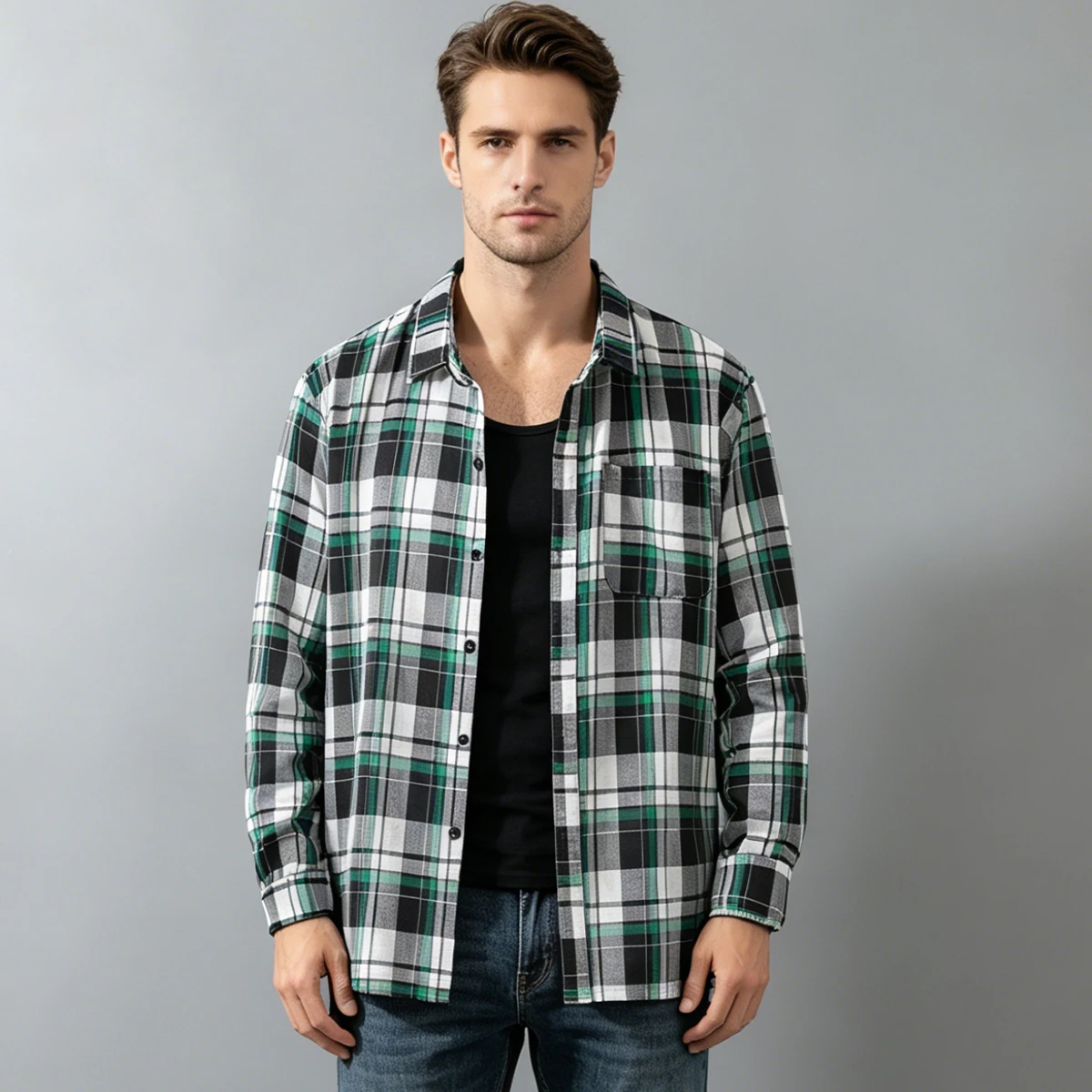 Spring and Autumn Men's Checkered Long Sleeve Top Button T-shirt Shirt Fashion Classic Shirt Youth Casual Comfortable Fashion view 3