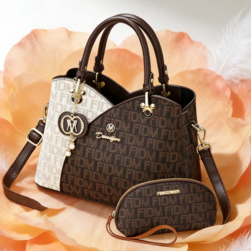 Light luxury and high-end women's handbag and tote bag 2-piece set, featuring classic letter-embellished tote bag for commuting,