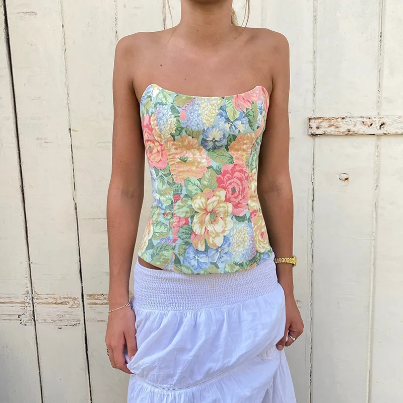 Oil Painting Floral Print Tops Y2K Tube Top Summer Off-shoulder Vest Slim Clubwear High Street Woman's Corset Strapless Crop Top