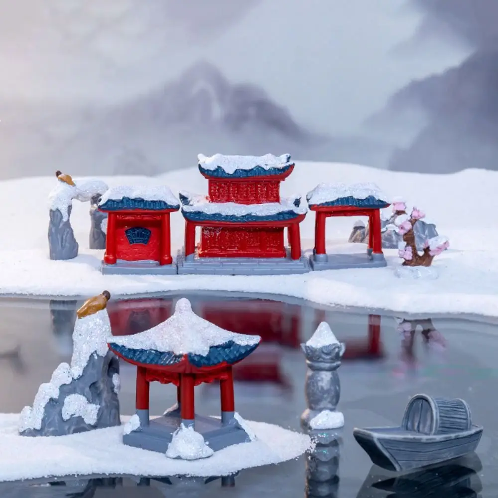 10pcs/set Chinese Style Retro Archway Bridge Snow Scenery Simulation Ancient Construct Layout Resin Lifelike