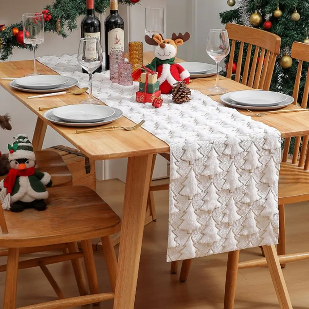 

Plush Embroidered Christmas Tree Table Runner Embossed Design Long Christmas Table Cover Rectangular Dining Tablecloth