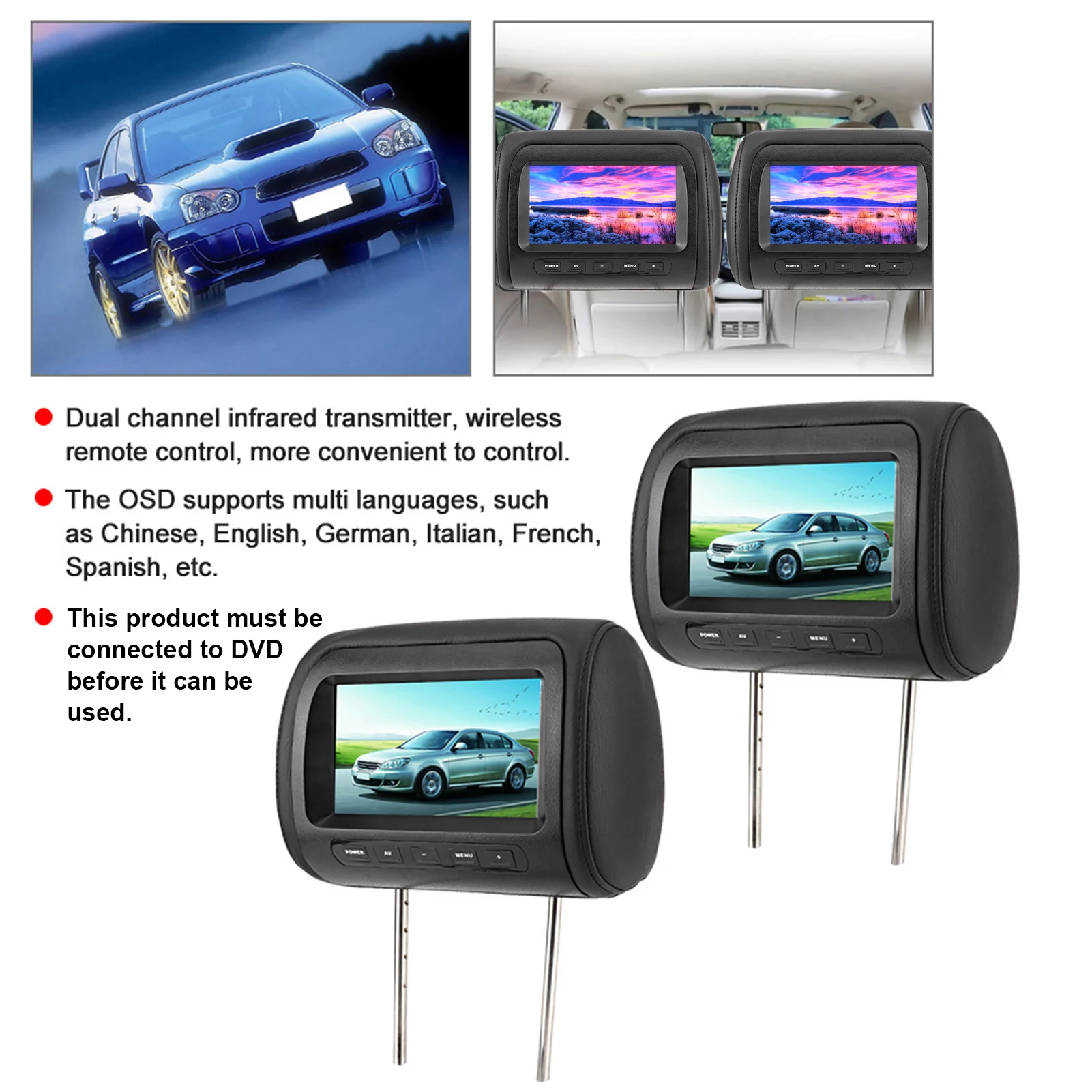 

2pcs 7 in Wireless Control Adjustable Headrest LCD Video Display MP5 Display Black