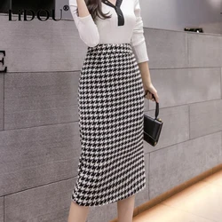 Autumn Winter Elegant Fashion Houndstooth Print Pencil Skirts Office Lady High Waist Temperament All-match Split Bodycon Skirt