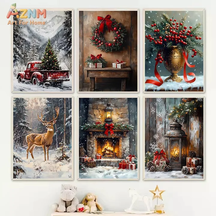 AZNM Vintage Christmas Canvas Wall Art Winter Deer Fireplace Red Truck Print for Rustic Holiday Decor