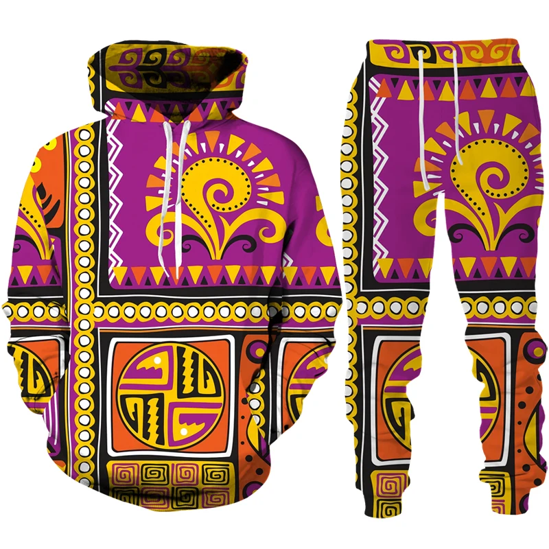 African Retro Colorful Folk-Custom Print Unisex Hoodie/Pants/Suit Ethnic Two Piece Tracksuit Set Fashion Couple Sportswear Suits