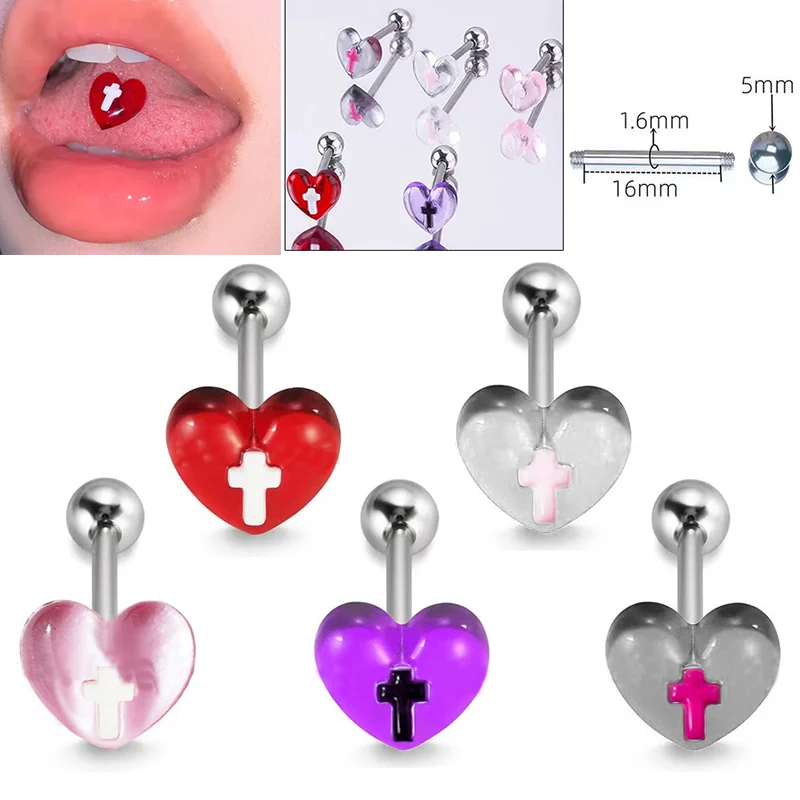 

5-Color Resin Love Cross New Tongue Nail Sweet Transparent Heart Piercing Tongue Rings Jewelry Cute Accessories Jewelry Gifts