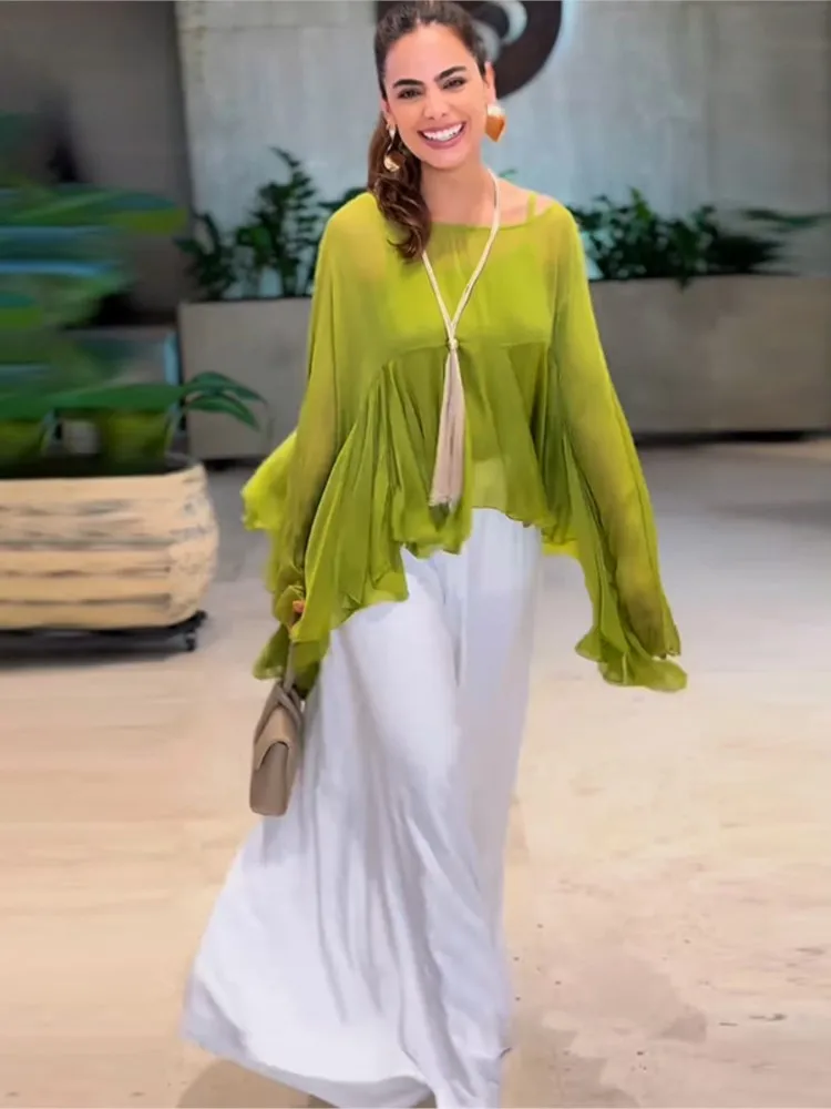 

Новая весенне-летняя шифоновая рубашка, нестандартная шаль + комплект из двух предметов брюк, модный элегантный повседневный свободный комплект из двух предметов для женщин