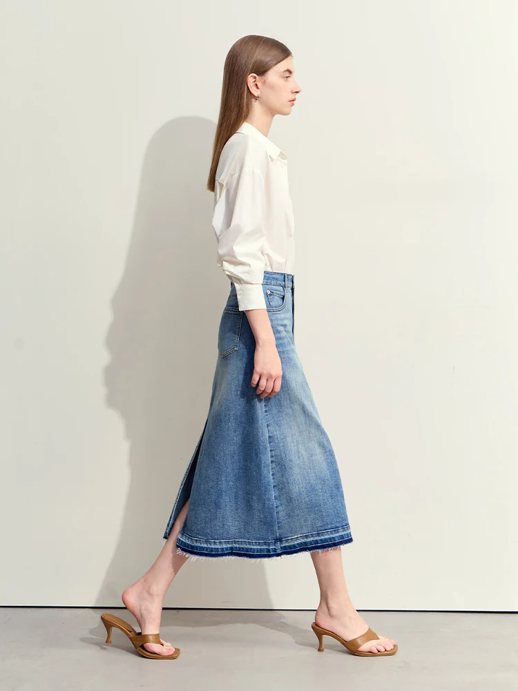 AMII Minimalism 2024 Summer New Casual Denim Style Women Jeans Skirts Letters Embroidery Open Fork Female A-line Skirt 12442282