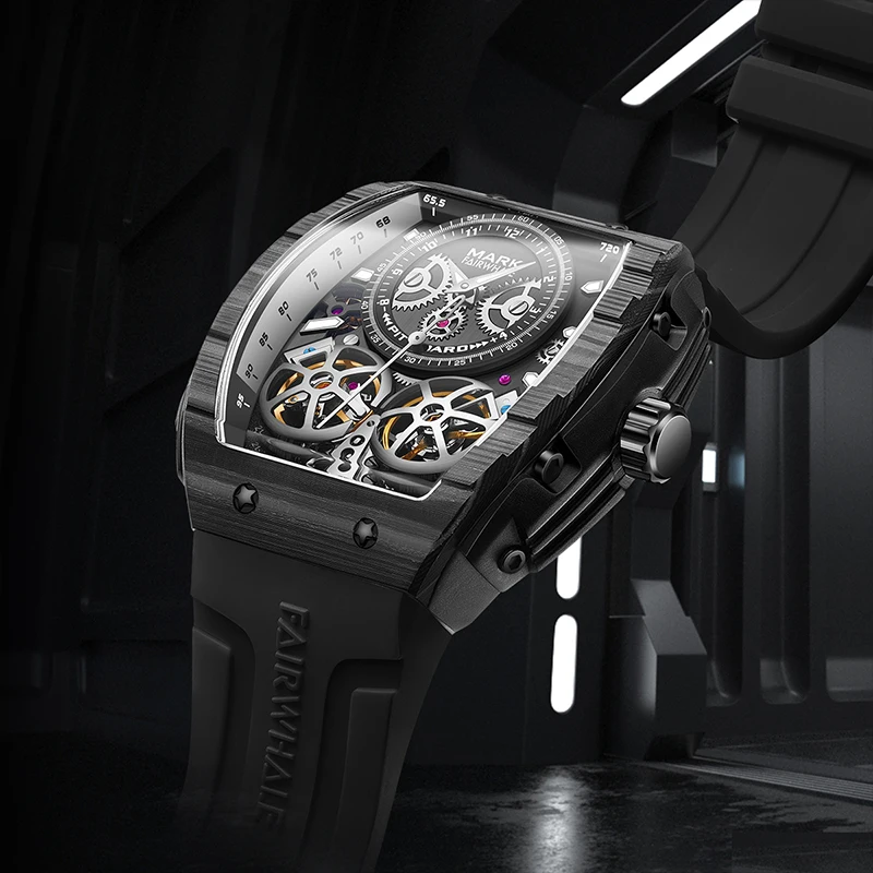 

Mark Fairwhale 6440 Men's Double Tourbillon Automatic Watches Silicone Strap Carbon Fiber Case Design Luxury Mechanical Watch