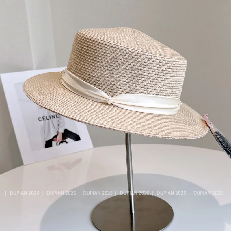 New Fashion Design Spring and Summer Beach Flat Top Hat Women's Straw Knitted French Soft Hat Wide brimmed Jazz British Sun Hat