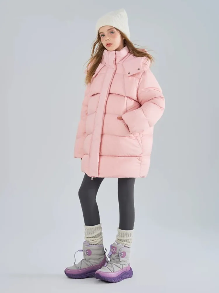 Mädchen Winter Kapuzen-Pufferjacke, mittellange, dicke, warme Daunenjacke für Kinder, einfarbig, winddichte Oberbekleidung für ältere Mädchen, Schneemantel. – Detail 4