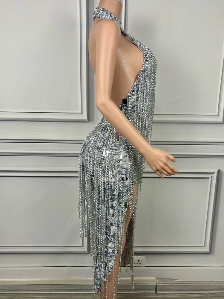 Sexy Backless High Side Slit Silver Chain Tassels Women Dress Photo Shoot Night Bar Party Wear Show Sing Dance Stage Costume