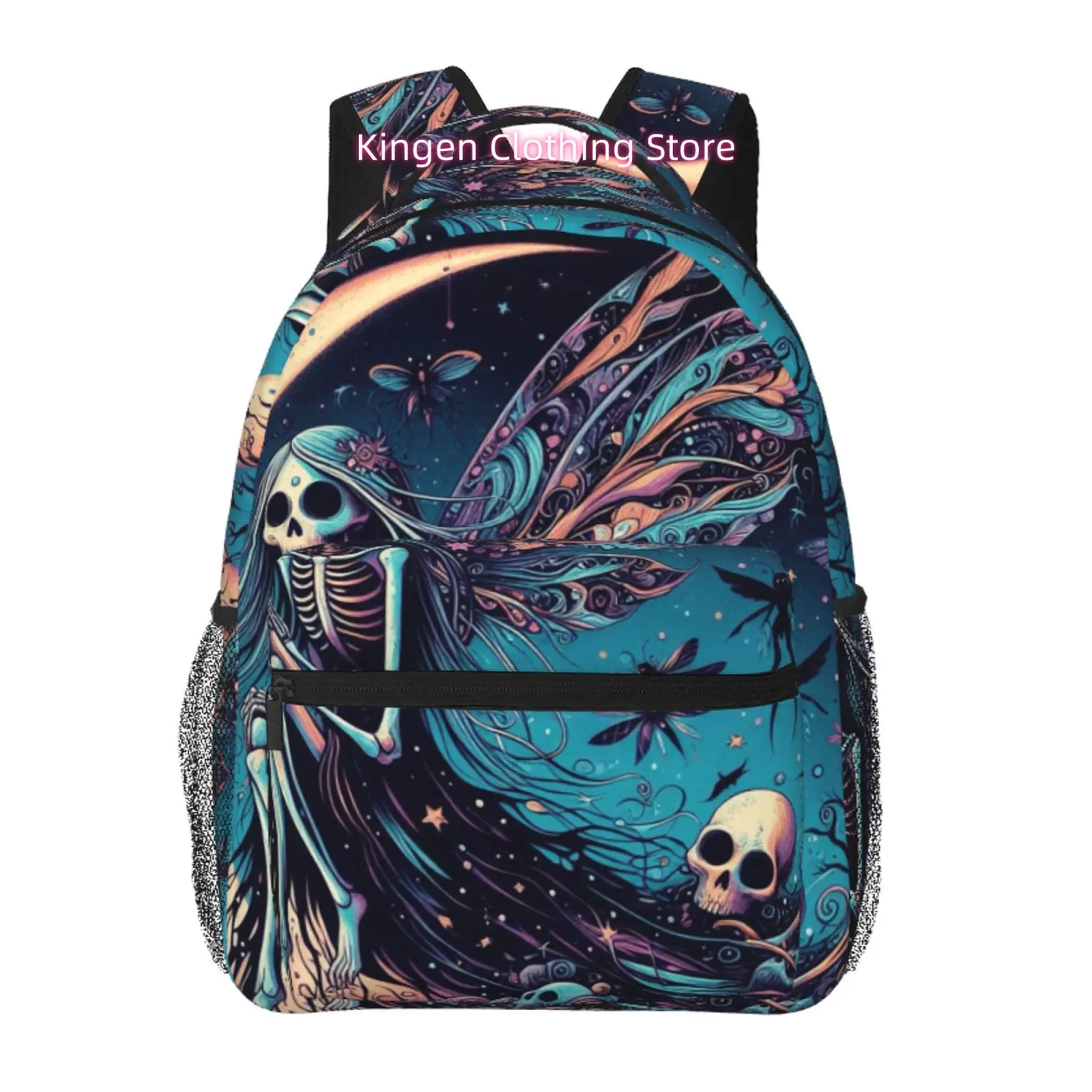 Crescent Moon Winged Fairy Skull Dark Fantasy Gothic Print Travel Backpack, Large Capacity with Adjustable Shoulder Straps And M