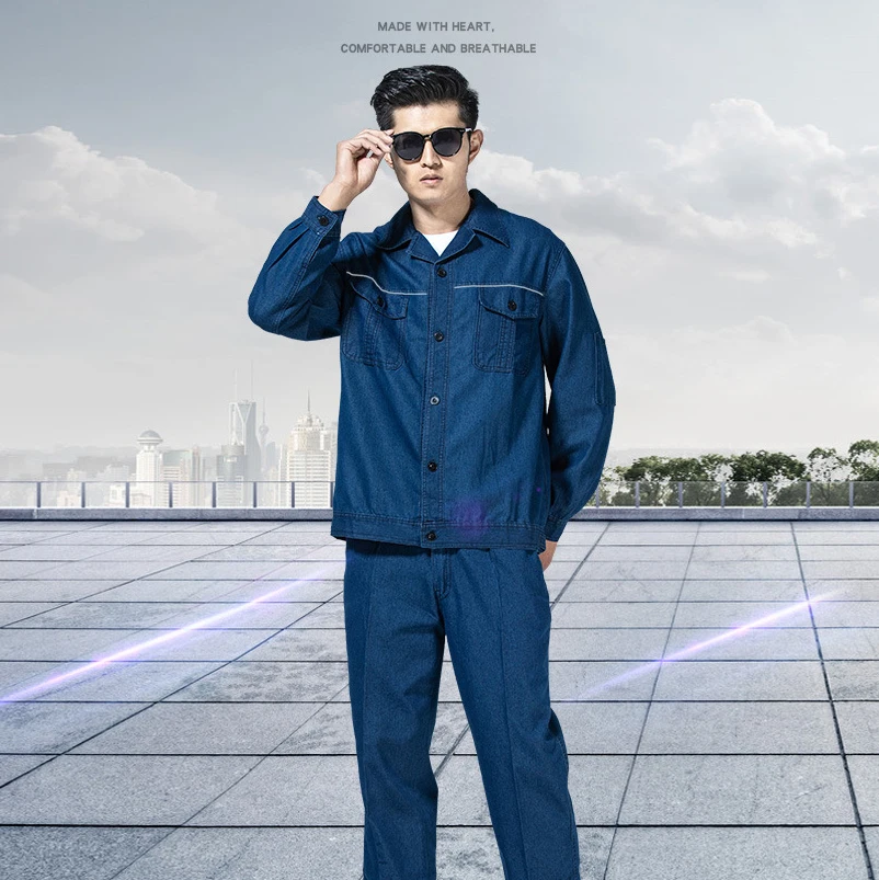 

2023 New Denim Cool Working Uniform For Factory Workshop Electrician Workwear Reflective Strip Long Sleeve Spring Summer Autumn